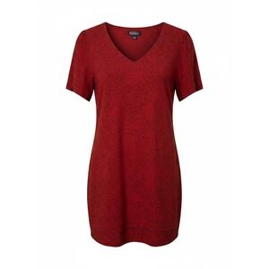 Original Nicole Miller Red Linen Blend  Leaf Print V-Neck Shift Dress L